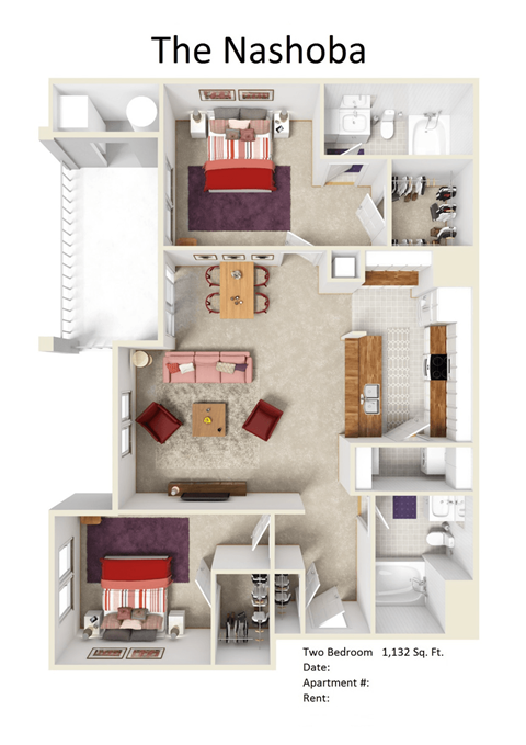 Floor plan for 2 beds, 2 baths, 1132 sqft